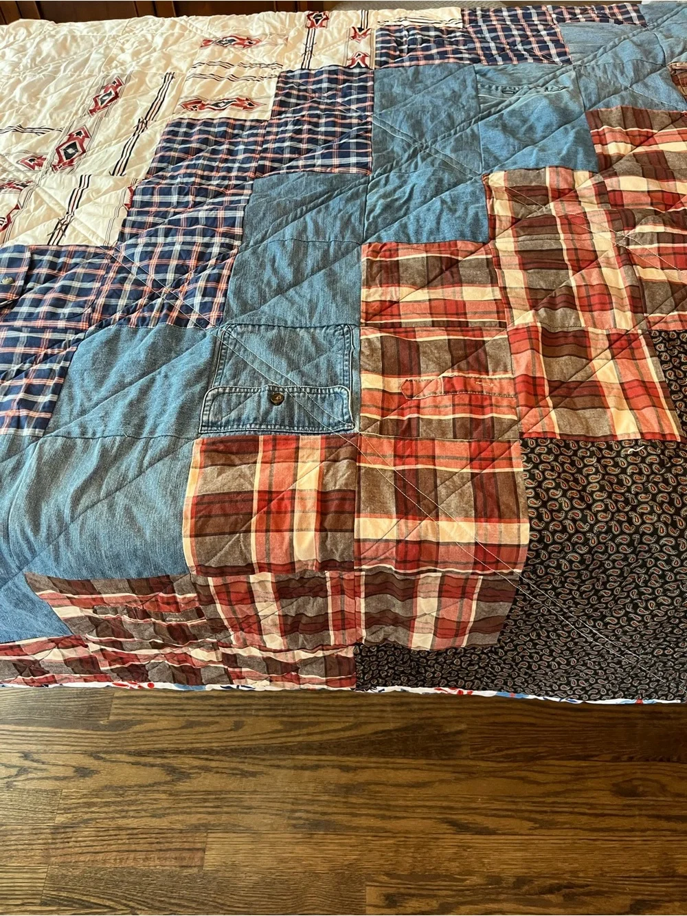 Handmade Western Shirt Patchwork Quilt Rustic Denim Plaid Memory Quilt
